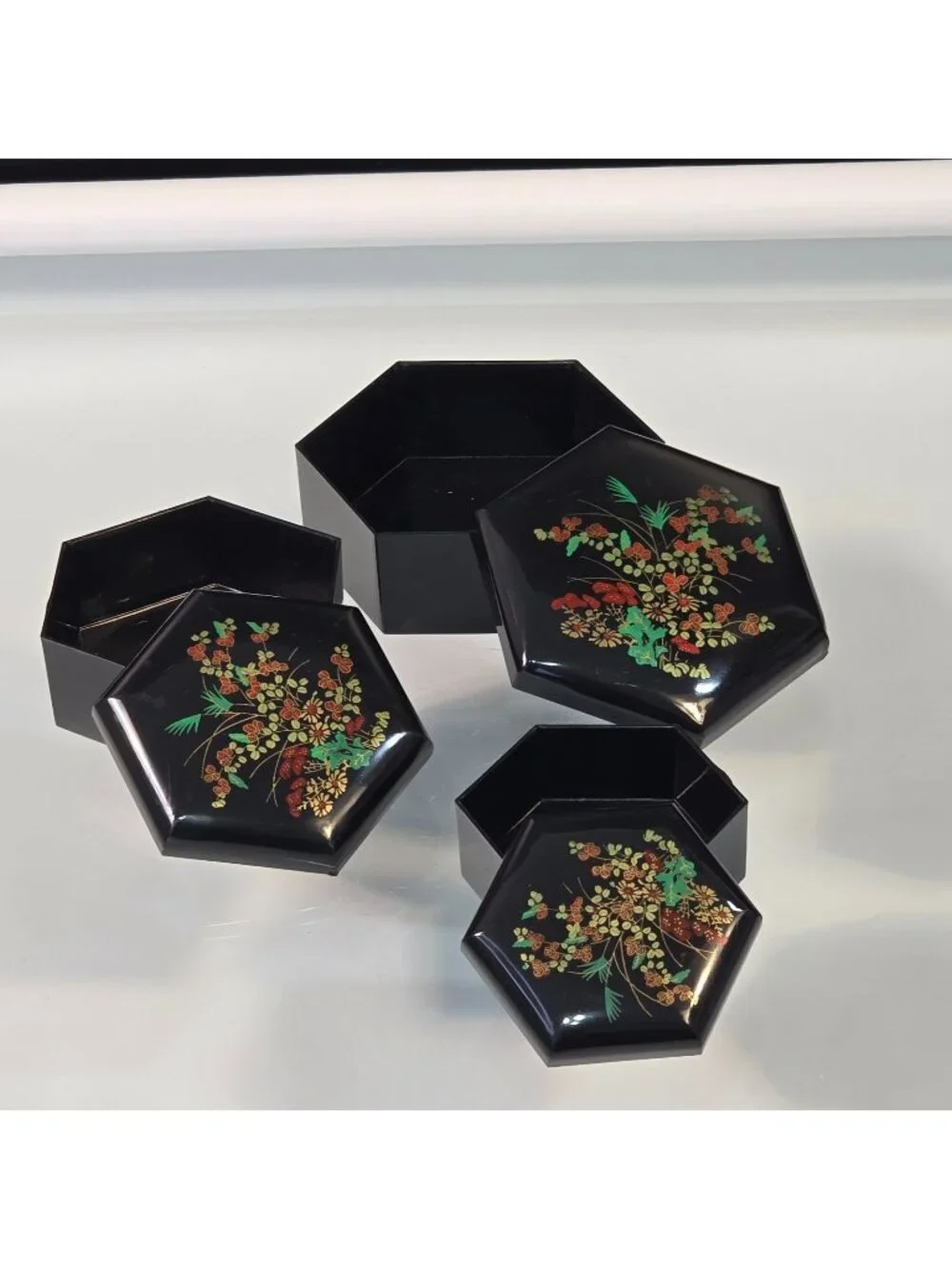Vintage Set 3 Hexagonal Nesting Celluloid Floral Trinket Boxes Made in Hong Kong